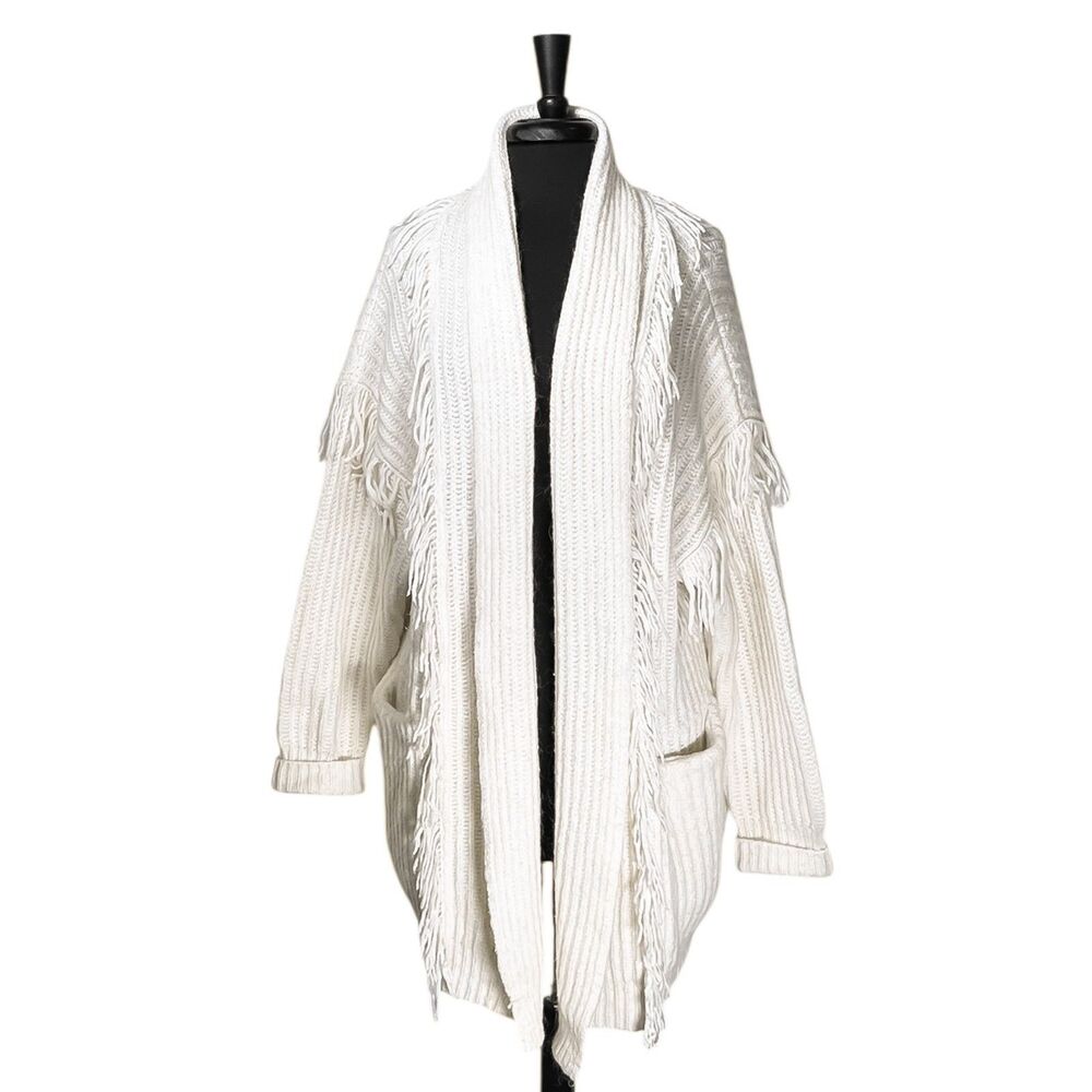 Anthropologie Women M L Fringe Shawl Cardigan Alpaca Wool Boho Oversized Sweater
